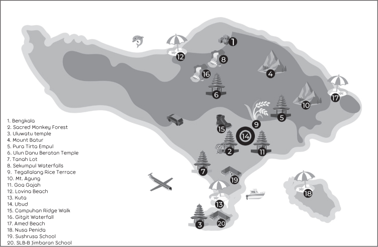 An illustrated map of Bali with icons showing the main tourist sites, including Bengkala in the north.