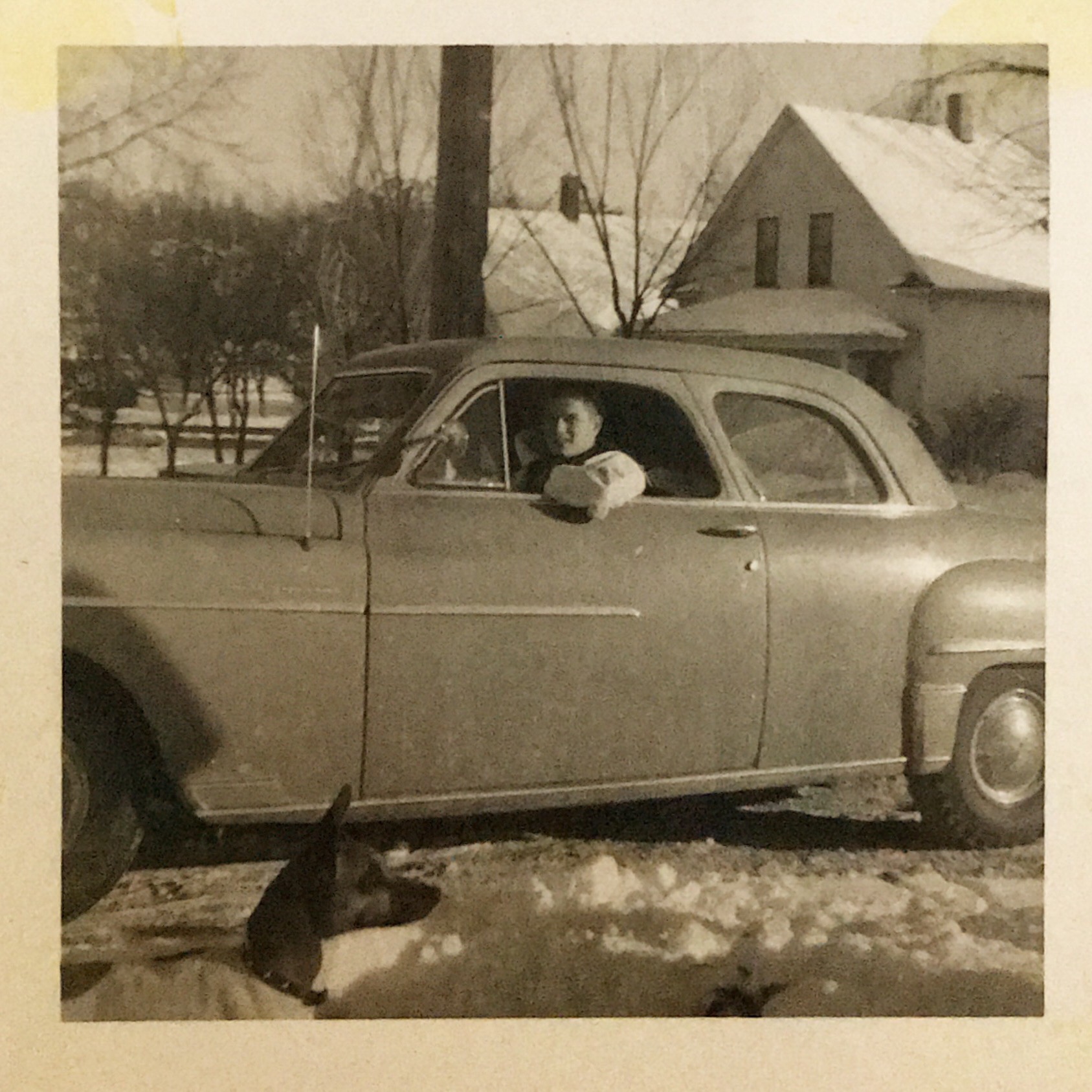 A white teenage boy sits in the driver's seat of a two-door dark-colored car. The driver's side window is open and he has one arm resting on the door. He's looking at the camera.  In the foreground is a small dog with pointed ears standing in the snow.