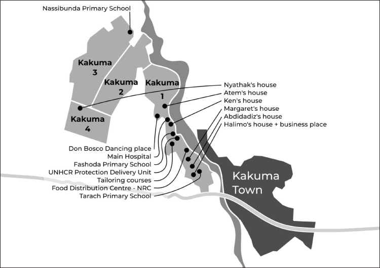 Map showing Kakuma Refugee Camp as four sections to the west of a river, and Kakuma Town (roughly the same size) further south on the opposite bank. Dots mark the locations of key places: Nyathak’s house in Kakuma 4; Nassibunda Primary School near the north-east periphery of Kakuma 3; from north to south in Kakuma 1 (running alongside the river towards Kakuma Town) are twelve sites, including Atem’s, Ken’s, Margaret’s and Halimo’s houses, Fashoda and Tarach primary schools, the UNCHR Protection Delivery Unit, and the Food Distribution Center.