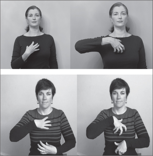 Erin, a white woman with brown hair tied back in a ponytail, signs a variant of CALIBRATING (right hand clawed, palm inwards, placed on chest and rotating). Annelies, a white woman with short brown hair, signs another variant (both hands clawed and palms facing inwards, right hand on chest, left hand on stomach, both rotating).