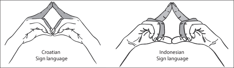 Illustration showing the different between the fingerspelled letter -A- in Indonesian and Croatian Sign Languages. On the left, labeled “Indonesian “A””, both hands are raised, and the index finger and thumb of each hand are extended, both index fingers pointing upwards and meeting at the tips, and both thumbs pointing downwards and meeting at the tips. The other fingers are loosely closed. On the right, labeled “Croatian “A””, the middle fingers are extended upwards and meeting at the tips; all other fingers are extended downwards and meeting at the joined thumbs.