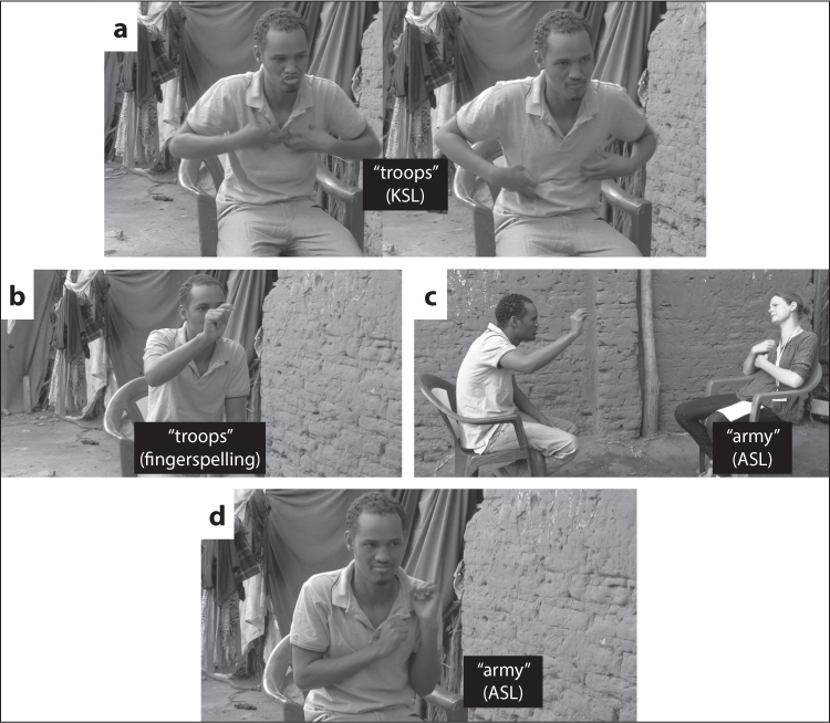 Abdi, a young black man with short black hair and a goatee beard wearing a T-shirt and jeans, is sitting on a plastic chair outside beside a mud brick wall. Sheets and clothes are hanging up behind him. a) Abdi signs “troops” in KSL (both hands clawed at his chest, dragging down and outwards). b) Abdi’s hand is raised in front of his face in. T. handshape. Captions reads ‘“troops” (fingerspelling) c) Different shot showing Abdi from the side, hand raised to fingerspell. Sitting opposite him in another plastic chair is Amandine, a young white women with light brown hair tied back in a loose bun. She is signing “army” in ASL (right fists clasped at left shoulder, left fist clasped below). d) Abdi copies Amandine’s sign.