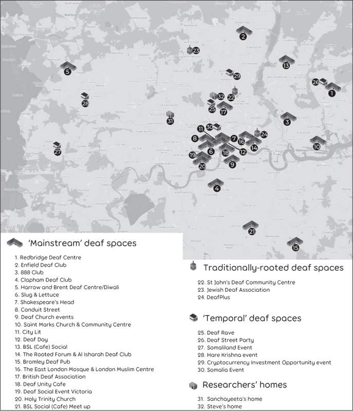 Greyscale map of London showing 30 deaf spaces (21 ‘mainstream’; 3 ‘traditionally-rooted’; 6 ‘temporal’), plus the researchers’ homes.